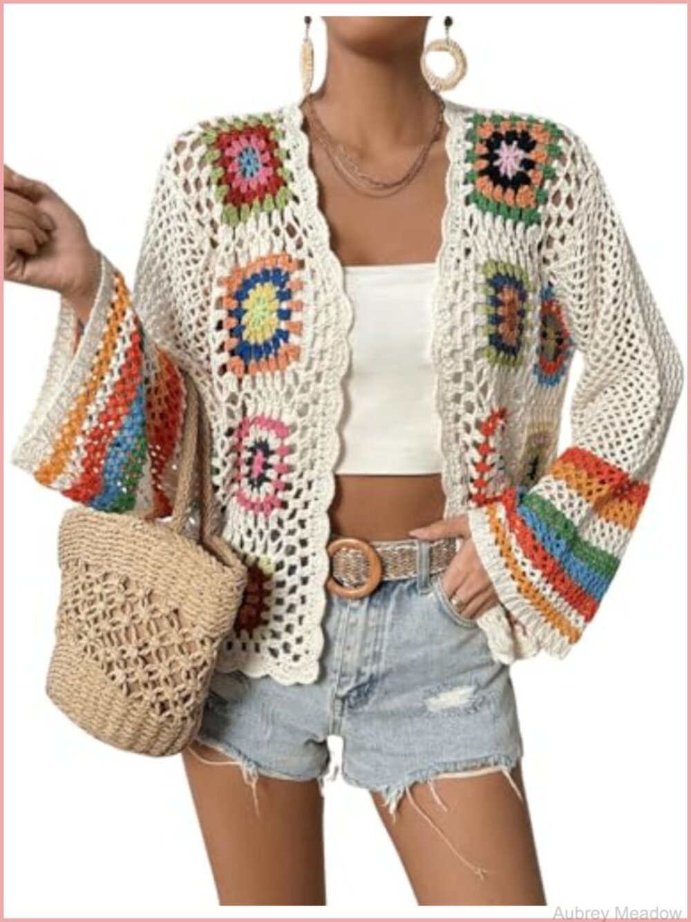 Floral Crochet Cardigan Sweater Open Front Lightweight Summer Beach Coverup